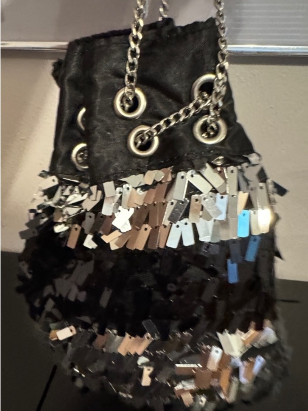 Betsey Johnson Black and Silver Sequin Chain Bucket Bag - Picture 7 of 7